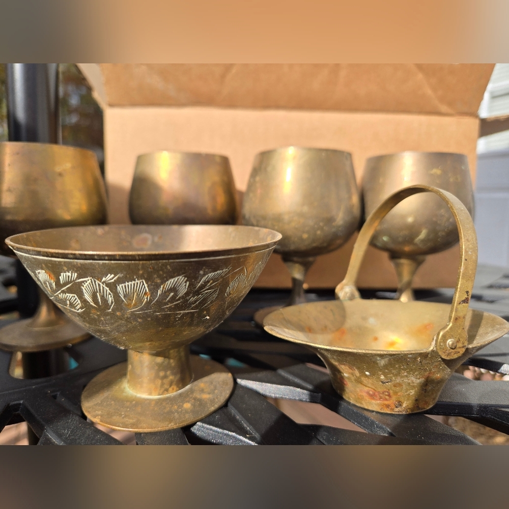 Vintage Brass lot Goblets, Basket